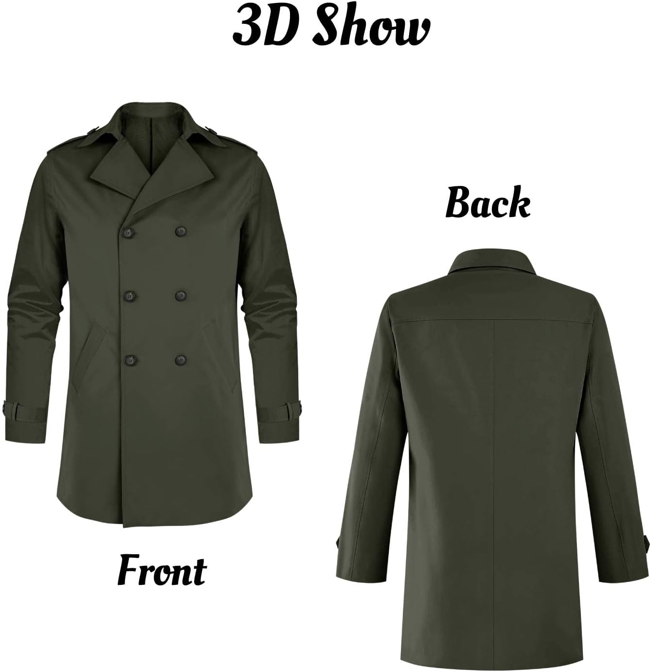 Gafeng Mens Double Breasted Trench Coat Notched Lapel Casual Slim Fit Long Windbreaker Overcoat