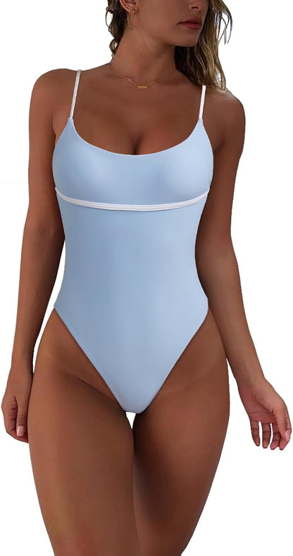 geluboao Women Sexy Color Block Open Back Bathing Suit One Piece Cheeky High Cut Thong Swimsuits