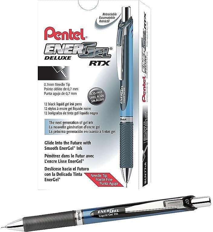 Pentel EnerGel Deluxe RTX Retractable Gel Pens, Needle Tip, Medium 0.7mm, Black Ink, Dozen (BLN77-A)