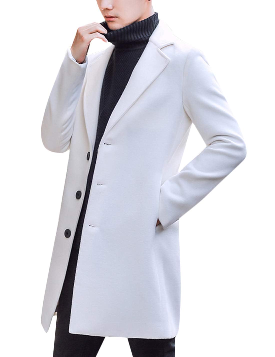 Springrain Men's Wool Blend Pea Coat Notched Collar Single Breasted Overcoat Warm Winter Trench Coat