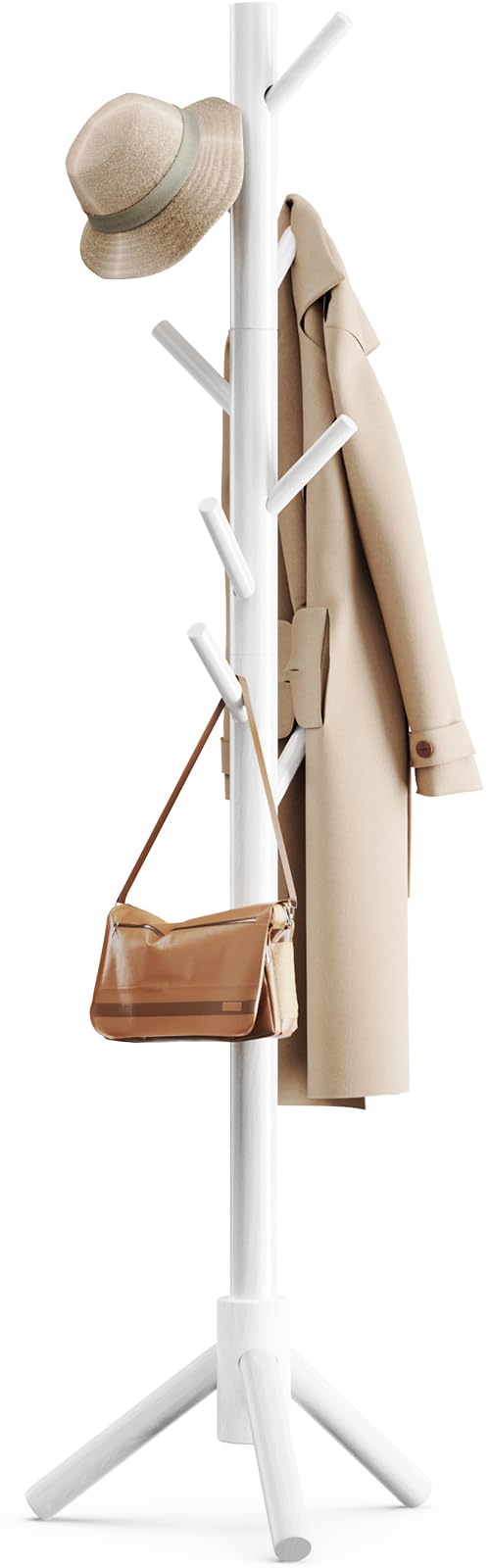 Pipishell Coat Rack Sturdy Wooden Coat Rack Stand, Adjustable Coat Tree, Free Standing Tree Hanger with 4 Sections & 8 Hooks, for Home/Bedroom/Office/Hallway/Entryway