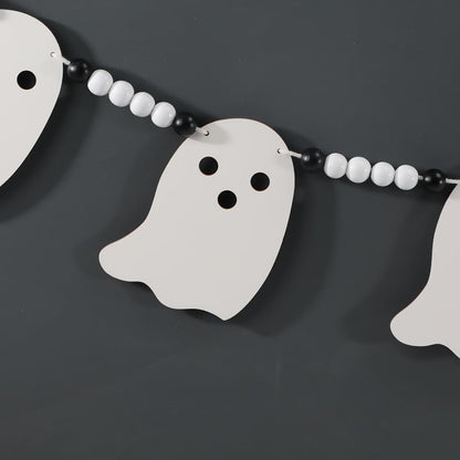 Cute Halloween Ghost Garland Decorations Indoor Outdoor, Wood Ghost Banner with Beads, Rustic Halloween Banner for Haunted House Party Decor