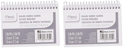 Mead Index Cards, Spiral, Ruled, 3" x 5", White, Blank Back, 50 Cards per Pack, 1 Pack (63130)