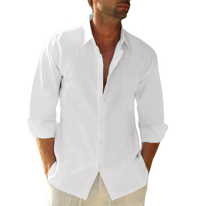 Button Down Linen Shirts for Men Casual Long Sleeve Regular Fit Cotton Beach Shirts with Pocket