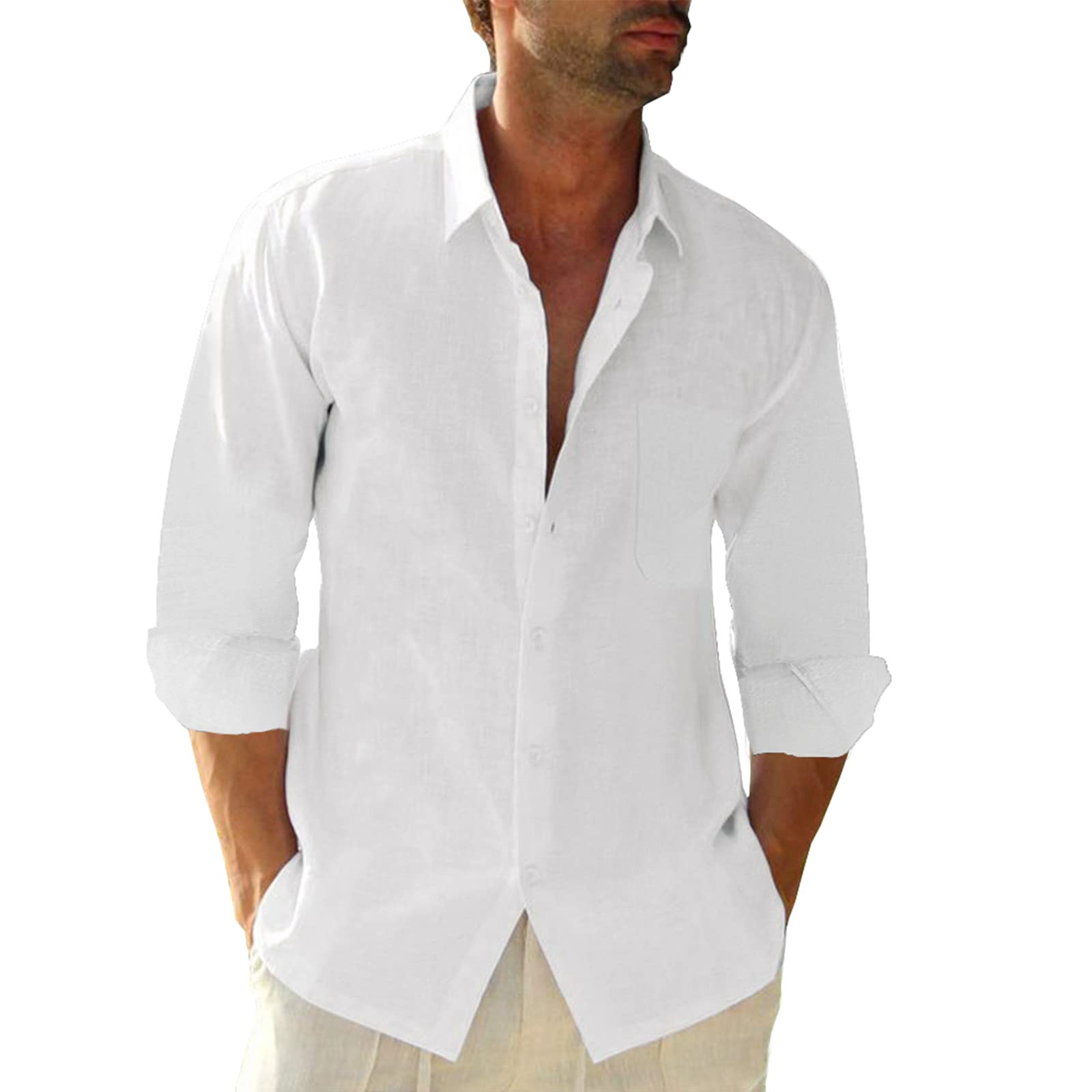 Button Down Linen Shirts for Men Casual Long Sleeve Regular Fit Cotton Beach Shirts with Pocket