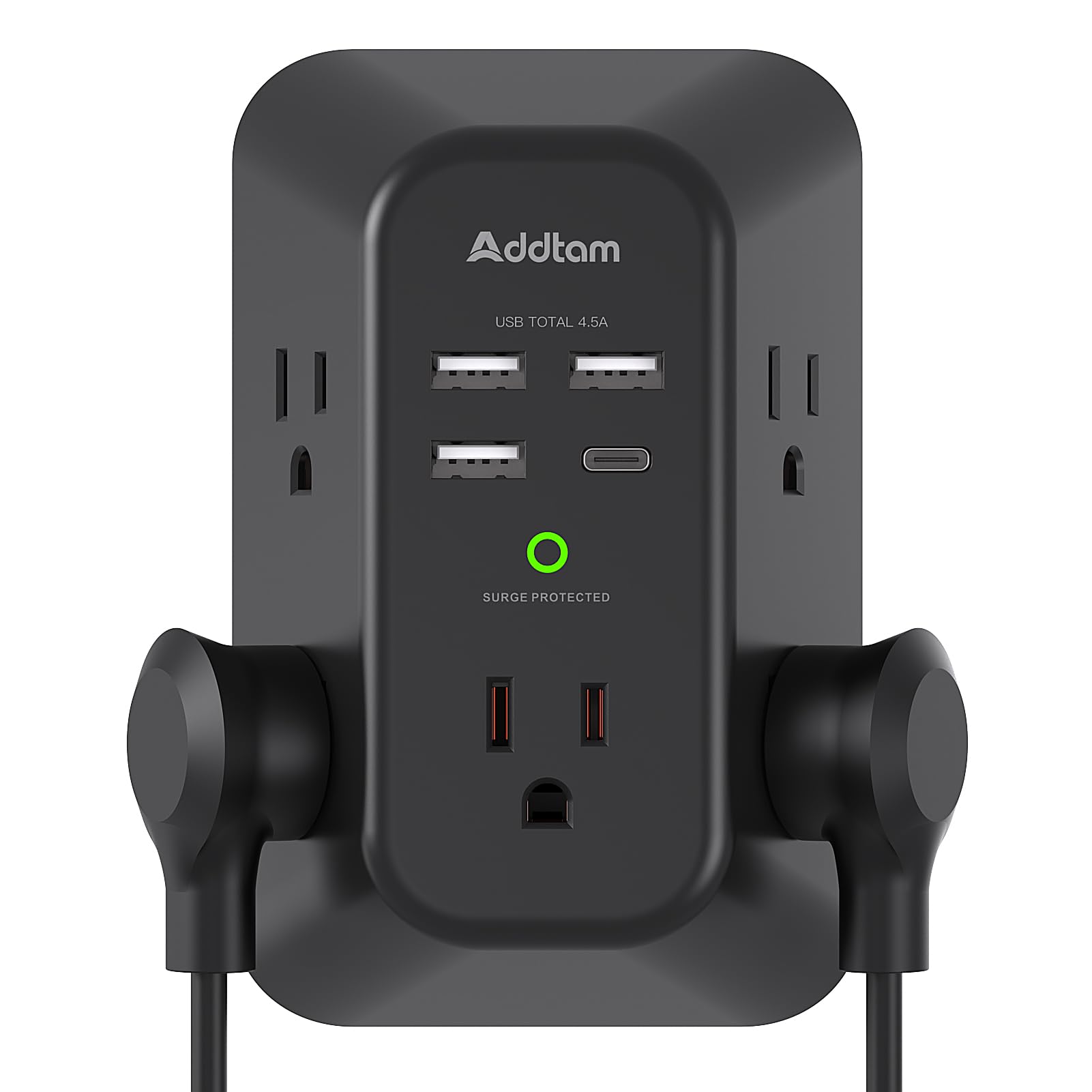 Addtam USB Wall Charger Surge Protector 5 Outlet Extender with 4 USB Charging Ports (1 USB C Outlet) 3 Sided 1800J Power Strip Multi Plug Outlets Wall Adapter Spaced for Home Travel Office ETL Listed