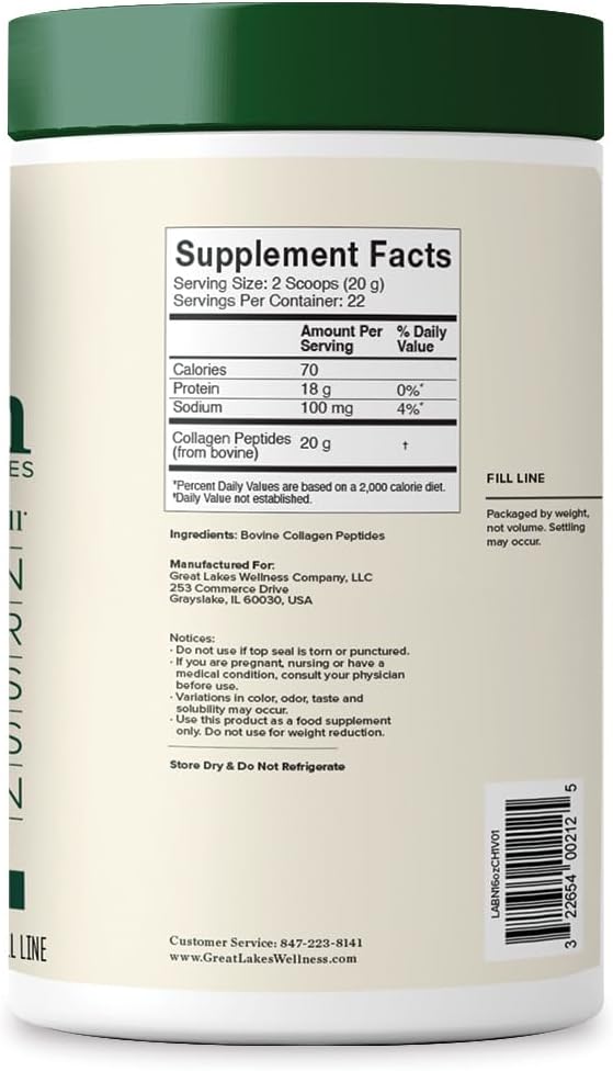 Great Lakes Wellness Collagen Peptides Powder for Skin, Hair, Nails, Joints & Digestion - Unflavored - Quick Dissolve Hydrolyzed, Non-GMO, Keto, Kosher - 16oz