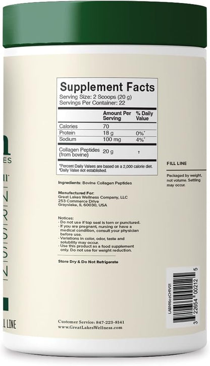 Great Lakes Wellness Collagen Peptides Powder for Skin, Hair, Nails, Joints & Digestion - Unflavored - Quick Dissolve Hydrolyzed, Non-GMO, Keto, Kosher - 16oz