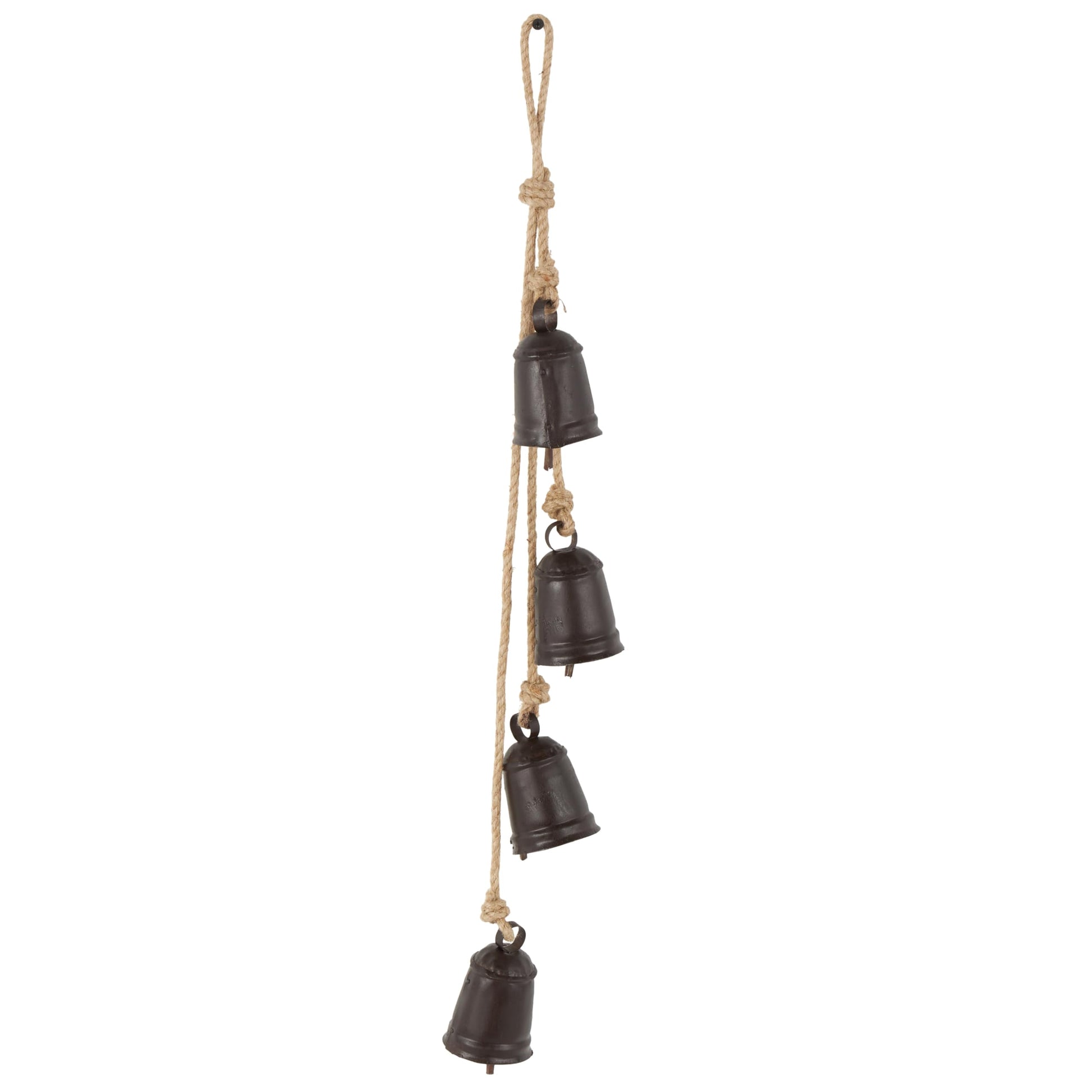 Deco 79 Gold Metal Tibetan Inspired Decorative Giant XL Cow Bells with Jute Hanging Rope, Set of 3 10",8",6"H - Cylindrical