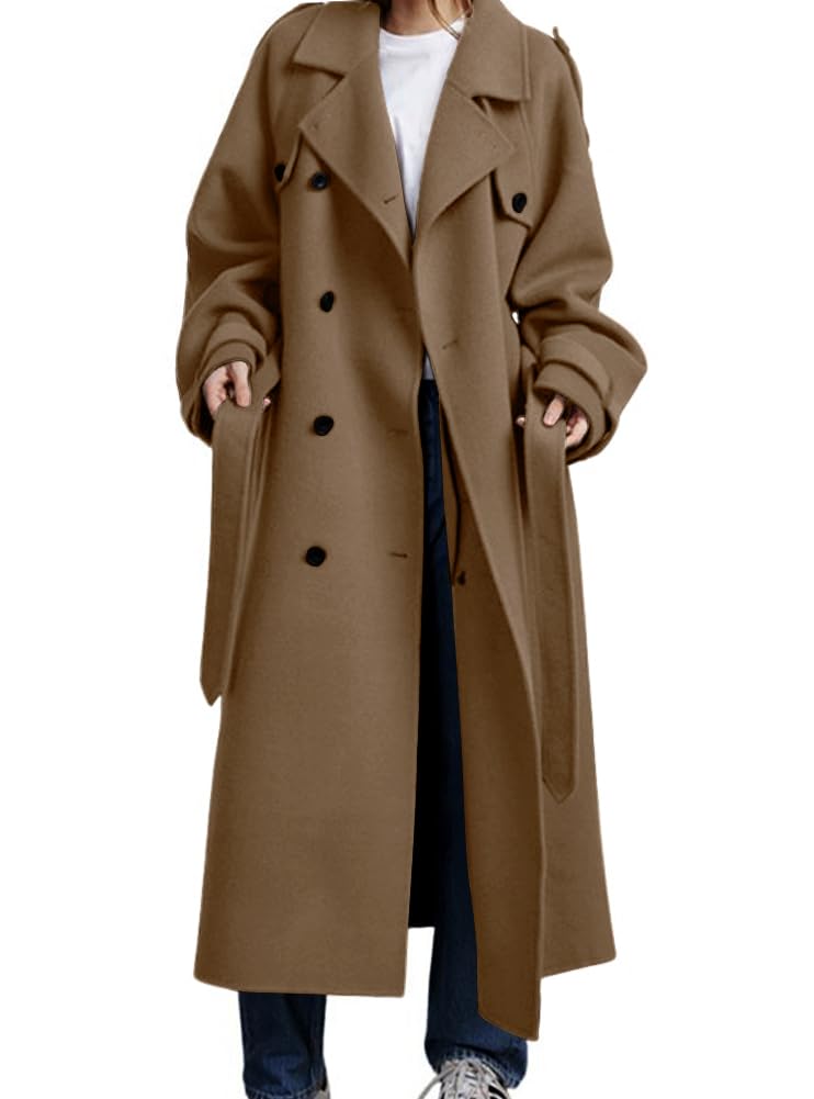 chouyatou Women's Winter Double Breasted Wool Coat Long Sleeve Notch Lapel Midi Long Winter Trench Coat with Belt