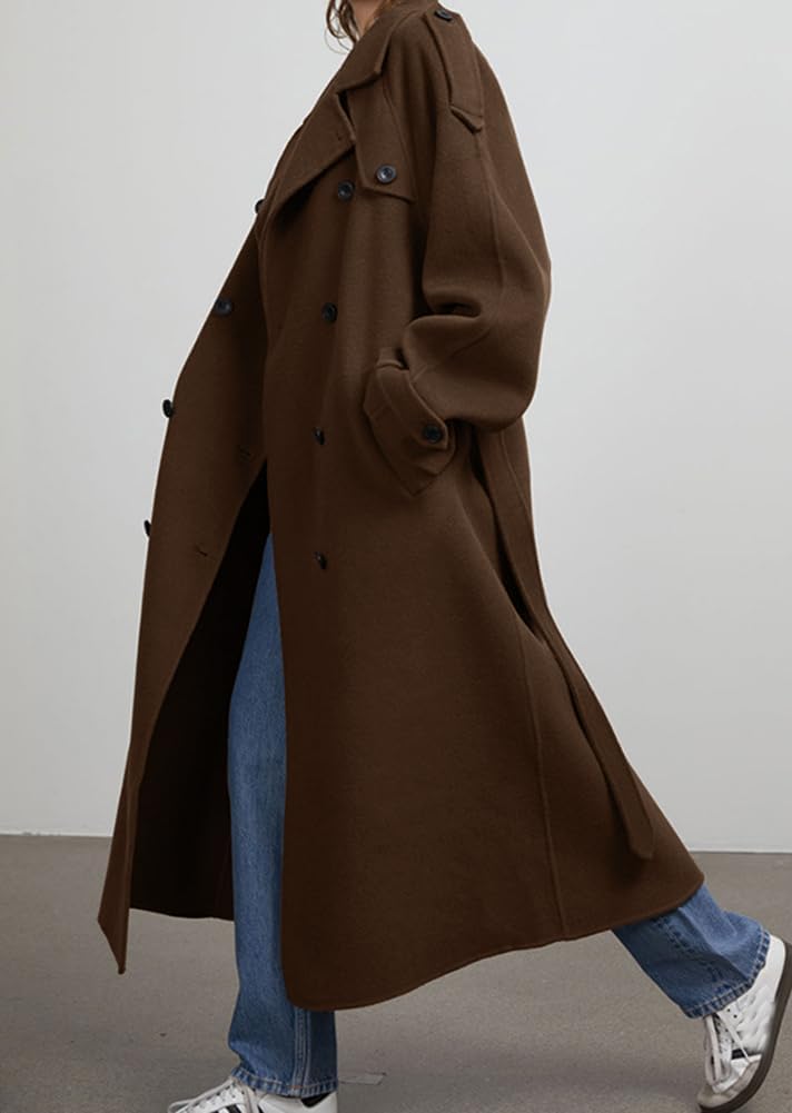 chouyatou Women's Winter Double Breasted Wool Coat Long Sleeve Notch Lapel Midi Long Winter Trench Coat with Belt