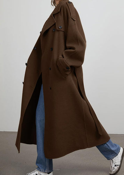 chouyatou Women's Winter Double Breasted Wool Coat Long Sleeve Notch Lapel Midi Long Winter Trench Coat with Belt