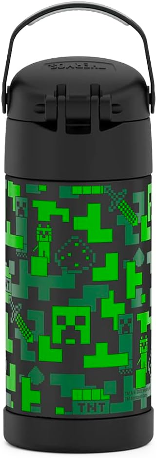THERMOS FUNTAINER Water Bottle with Straw - 12 Ounce - Kids Stainless Steel Vacuum Insulated Water Bottle with Lid, Minecraft