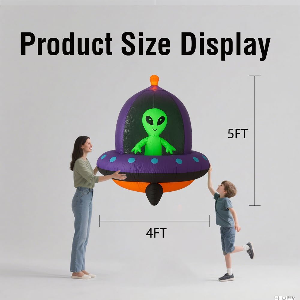 GARIG 5FT Halloween Inflatables Outdoor Decorations Aliens and UFO Build-in LEDs Lights Blow Up Yard Decorations for Garden Lawn Window Indoor Party Holiday Decor