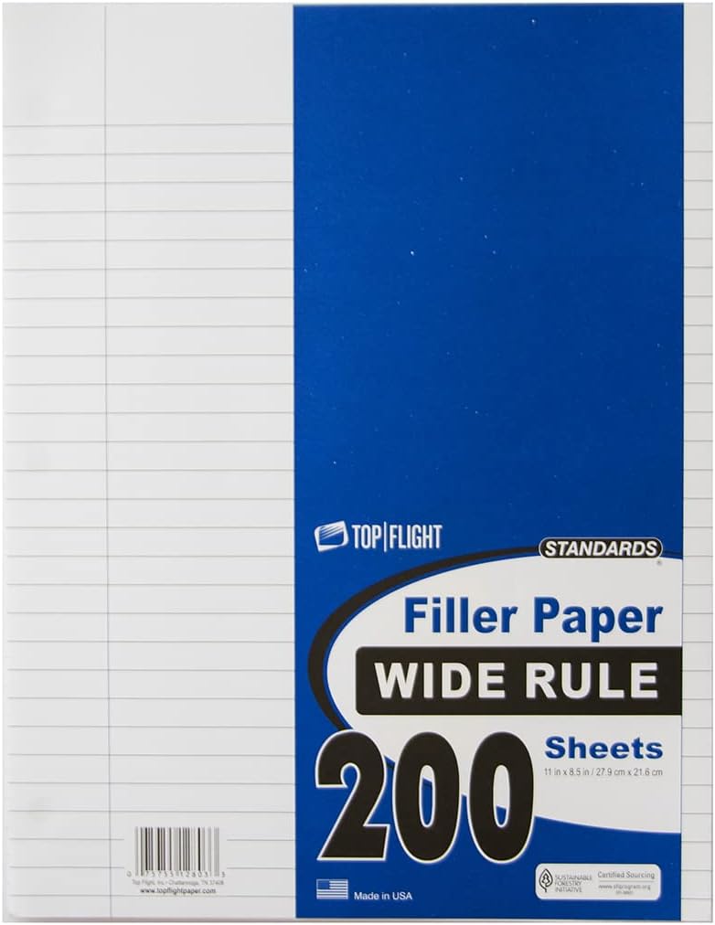 Top Flight Filler Paper, 8.5 x 11 Inches, Wide Rule, 200 Sheets (12803) White