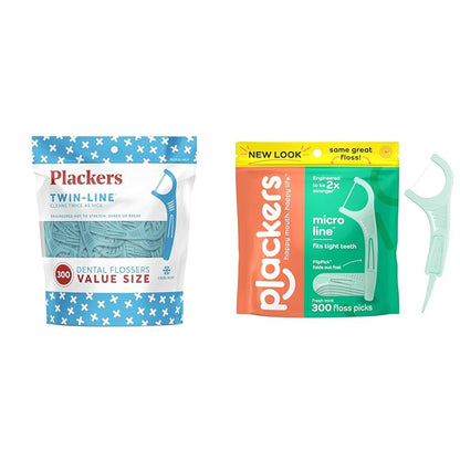 Plackers Twin-Line Dental Flossers, Cool Mint Flavor, Dual Action Flossing System, Easy Storage, Super Tuffloss, 2X The Clean, 75 Count