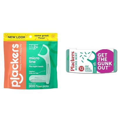 Plackers Micro Line Dental Floss Picks, Fold-Out FlipPick, Tuffloss, Easy Storage with Sure-Zip Seal, Fresh Mint Flavor, 300 Count