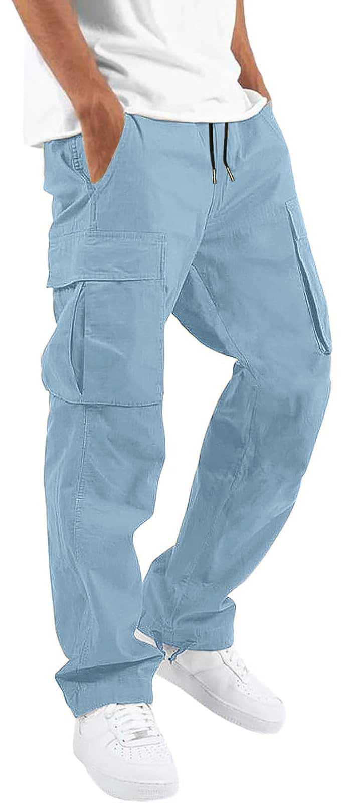 HUNGSON Mens Cargo Pants Drawstring Casual Hiking Pants Joggers Athletic Trousers Cotton Loose Straight Sweatpants for Men