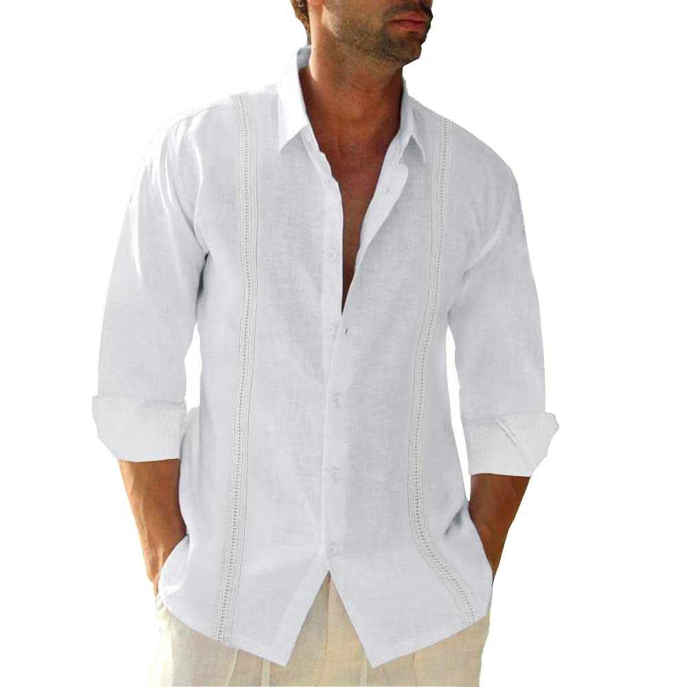 Button Down Linen Shirts for Men Casual Long Sleeve Regular Fit Cotton Beach Shirts with Pocket