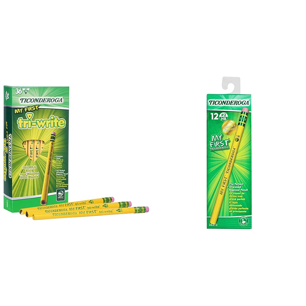 Ticonderoga My First Tri-Write Wood-Cased Pencils, Unsharpened, 2 HB Soft, With Erasers, Yellow, 36 Count