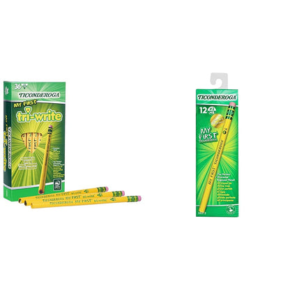 Ticonderoga My First Tri-Write Wood-Cased Pencils, Unsharpened, 2 HB Soft, With Erasers, Yellow, 36 Count