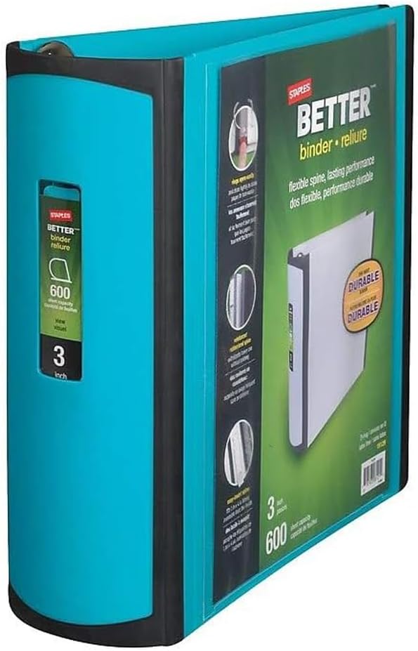 STAPLES 3 Inch BetterView Binder with D-Rings (Teal)