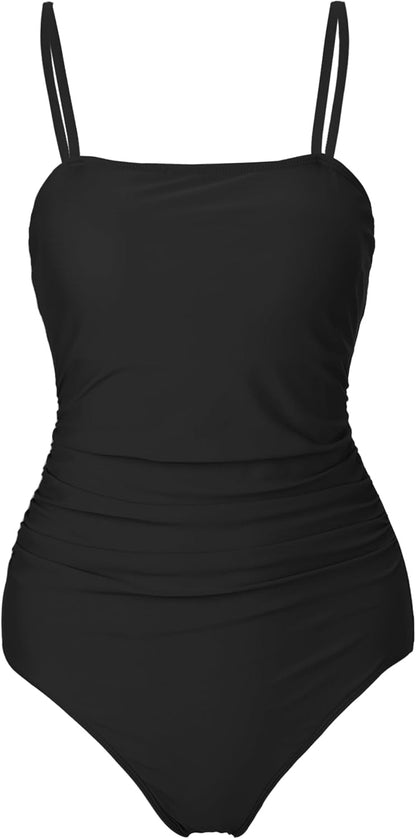 Buauty Women's One Piece Swimsuits Tummy Control Bathing Suits for Women Square Neck Backless Ruched Push Up Swimwear