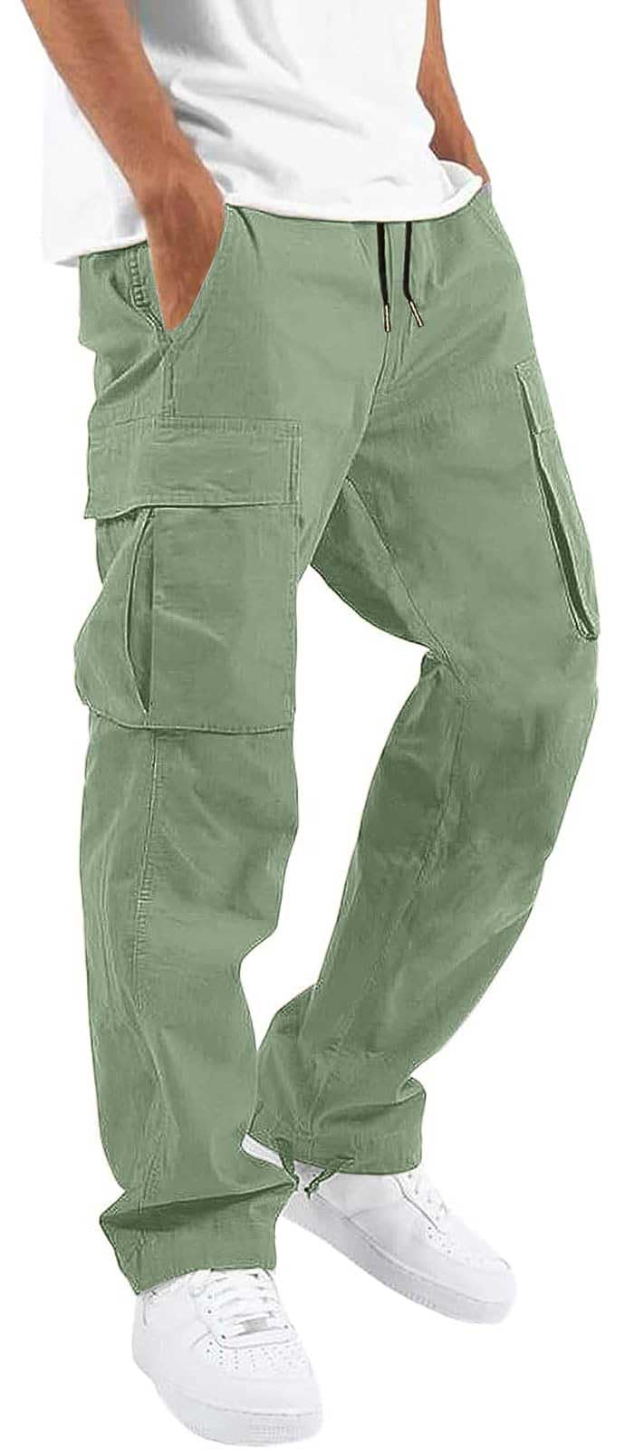 HUNGSON Mens Cargo Pants Drawstring Casual Hiking Pants Joggers Athletic Trousers Cotton Loose Straight Sweatpants for Men
