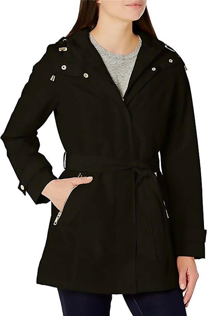 Authentic Nautica Women's Hooded Raincoat with Belt Jacket, Black, X-Small