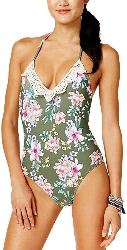 Hula Honey Womens Tropic Romance Floral-Print Halter One-Piece Swimsuit, OLV, XS