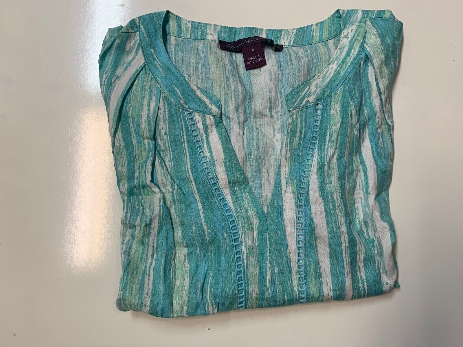 Gloria Vanderbilt Women's Nova Flutter Sleeve Blouse - Paint Flow Aqua Mist - S
