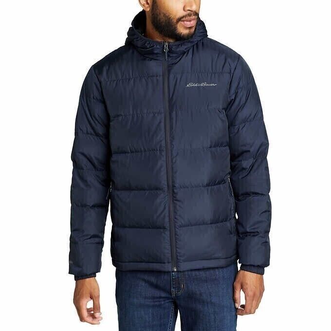 Eddie Bauer Men's Wide Channel Hooded Down Jacket, BLUE, S