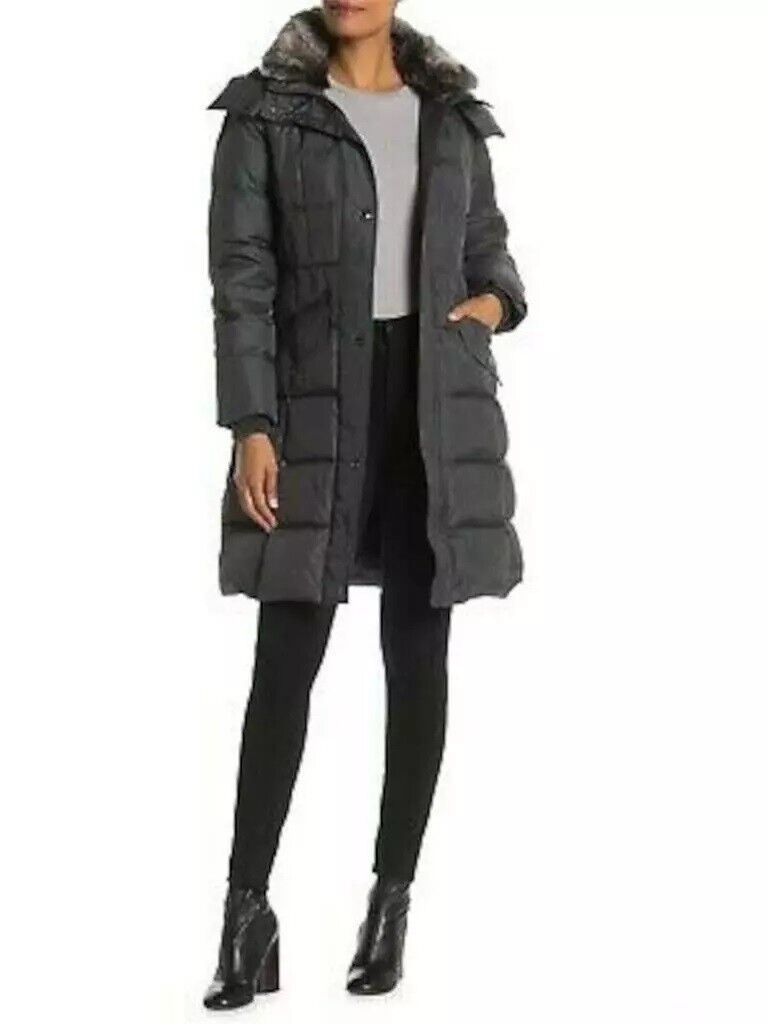 Authentic London Fog Women's Faux Fur Trim Removable Hood Puffer Coat, SLATE, M