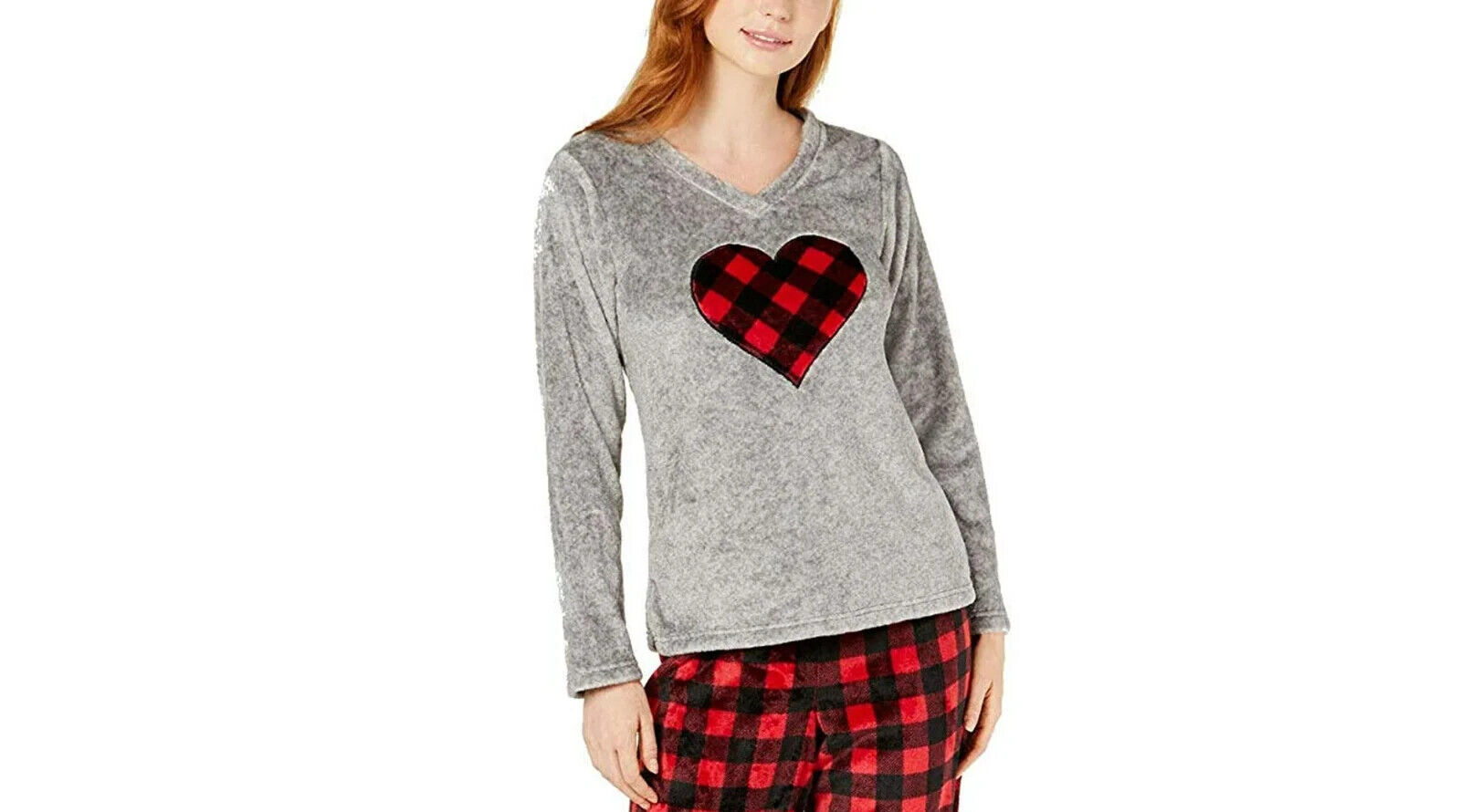 Charter Club Womens 1-Piece Plush Fleece Pajama Top, Buffalo Check Red/Gray, XL