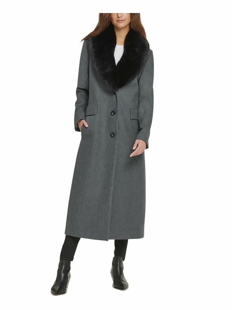 Authentic DKNY Faux-Fur-Collar Maxi Coat, CHARCOAL, S MSRP: $460