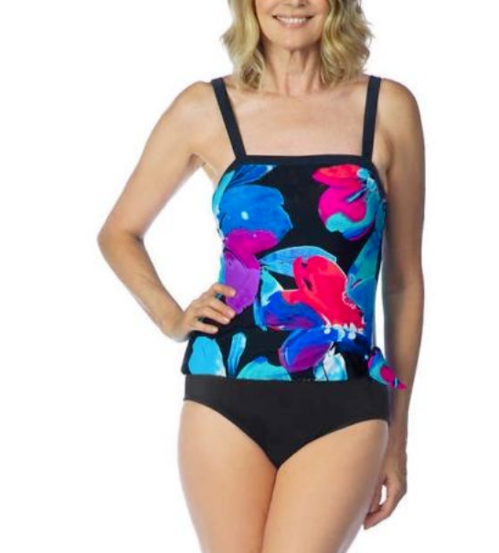 2 Bamboo Ladies' One Piece Swimsuit, BLACK FLORAL, M(8/10)