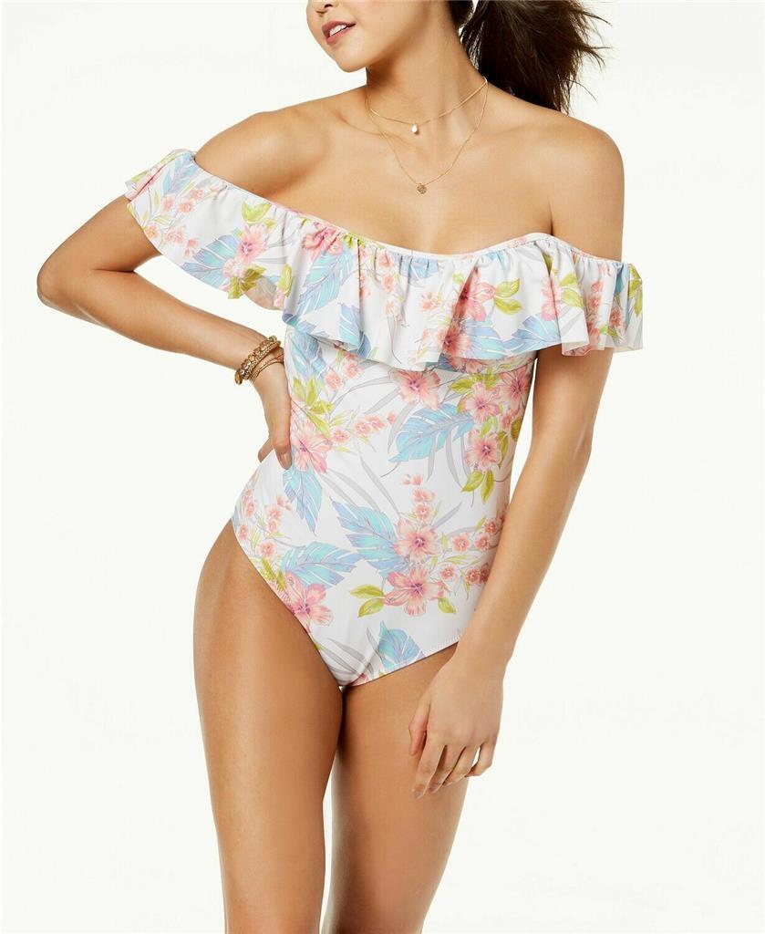 Raisins Juniors Off-The-Shoulder One-Piece Swimsuit, White, XL