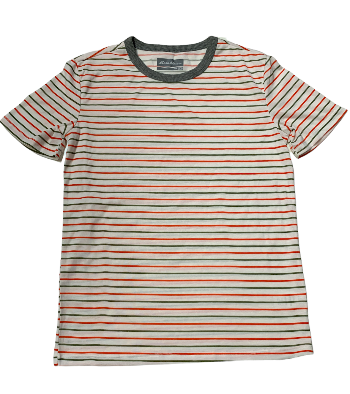 Eddie Bauer Boy's Striped Short Sleeve Shirt, GREEN-WHITE-RED, M (10-12)
