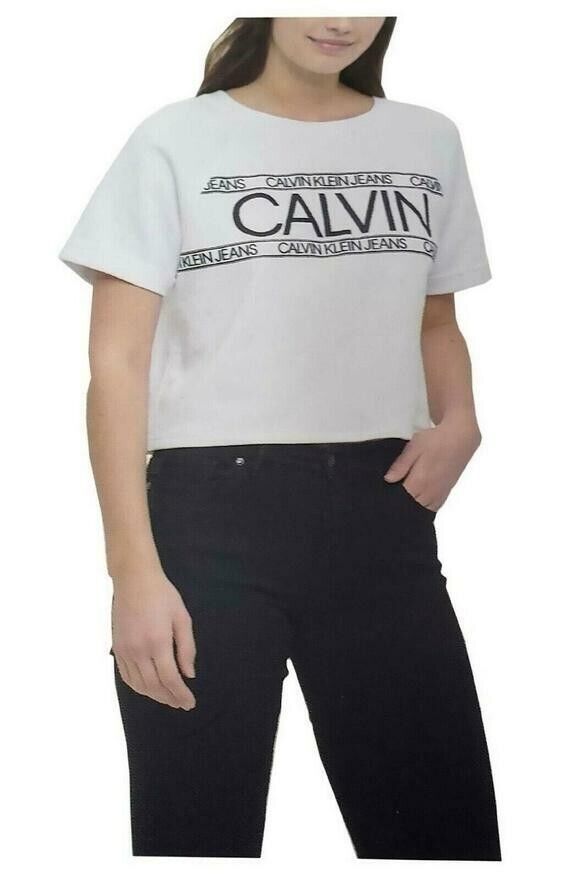 Calvin Klein Jeans Womens French Terry Logo Crop Top, WHITE, XL 