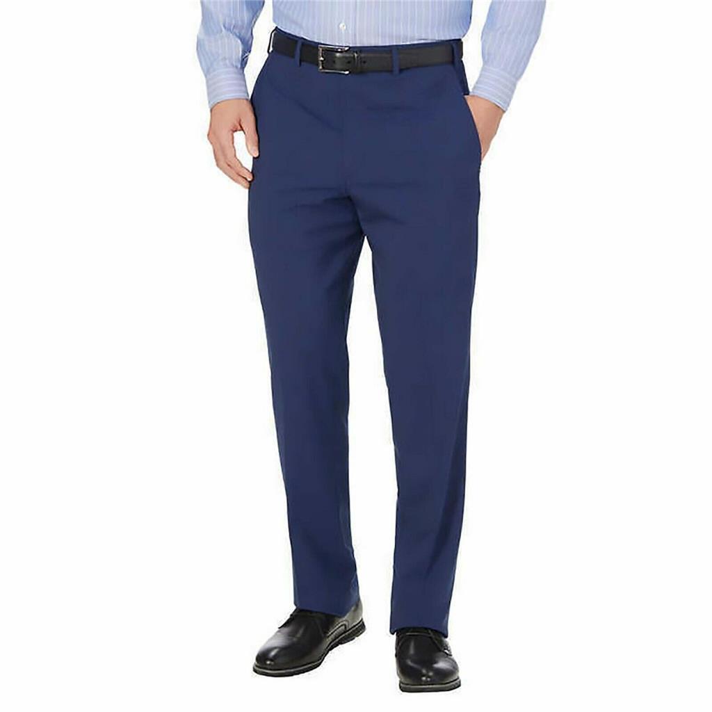 JB Britches Men's Flat Front Wool Blend Dress Pant, BLUE PLAID, 34 X 34