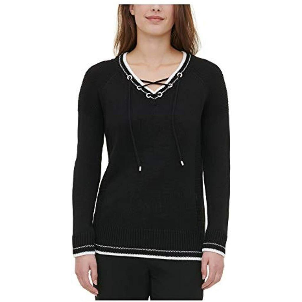 Calvin Klein Women's Lace Up Pullover V-Neck Sweater, Black, M