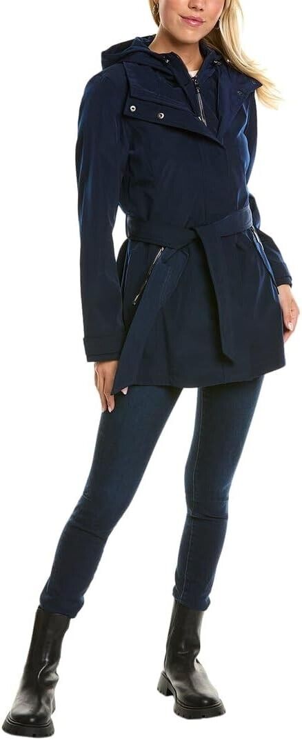 Authentic Nautica Women's Hooded Raincoat with Belt Jacket, Navy Seas, X-Small