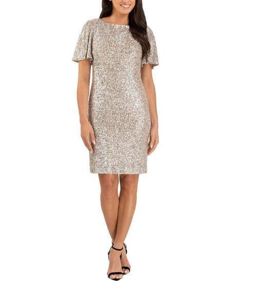 Hilary Radley Womens Sequin Dress, CHAMPAGNE, Small