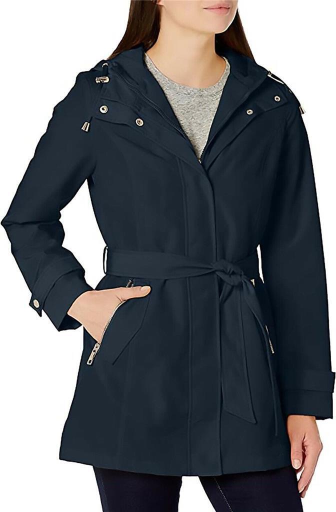 Authentic Nautica Women's Hooded Raincoat with Belt Jacket, Navy Seas, Small