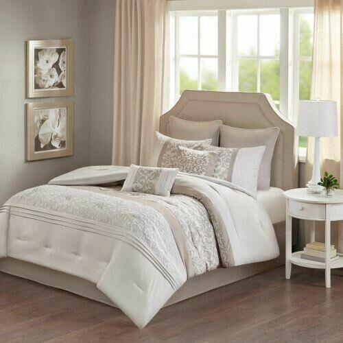 510 Design Embroidered 8 Piece Comforter Set, Neutral, King
