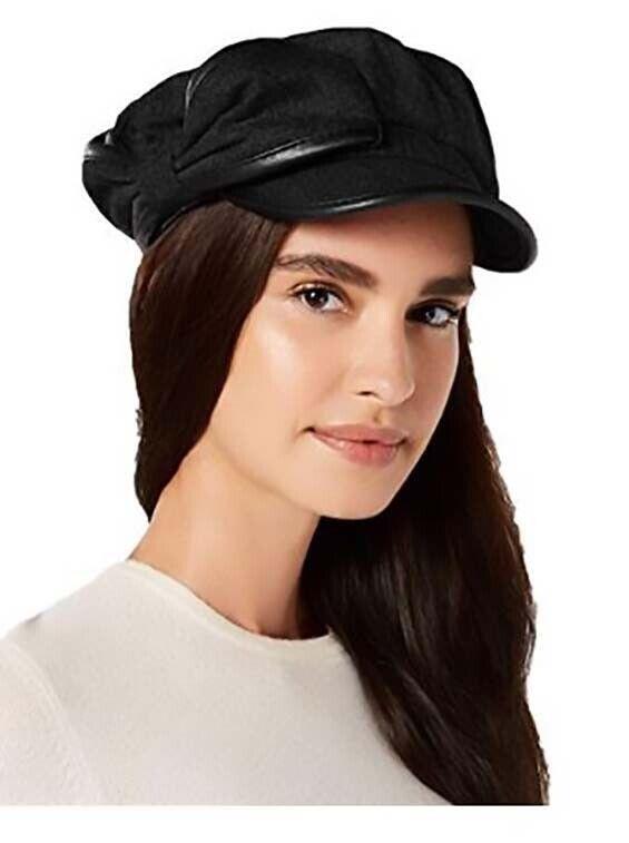 INC International Concepts Flannel & Faux-Leather Newsboy Cap, BLACK, One Size 