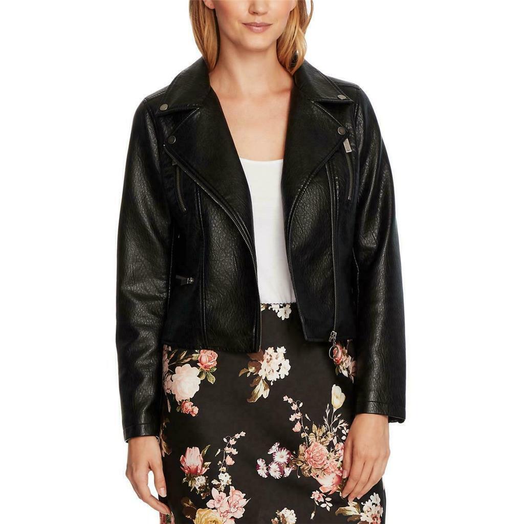 Vince Camuto Womens Textured Faux Leather Moto Jacket, BLACK, XL