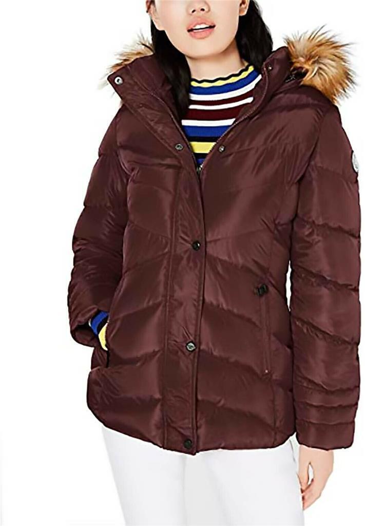 Authentic Madden Girl Juniors Hooded Faux-Fur-Trim Puffer Coat, MERLOT, Large