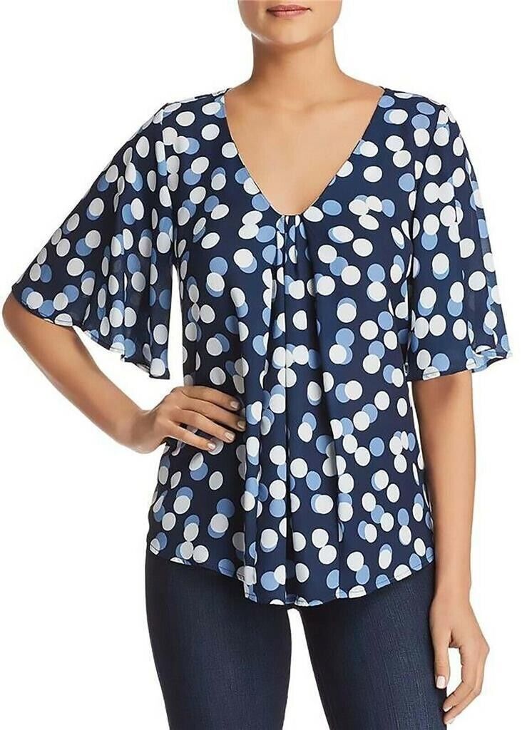 Collection By Bobeau Bell Sleeves Blouse, NAVY BLUE POLKA DOT, MED 