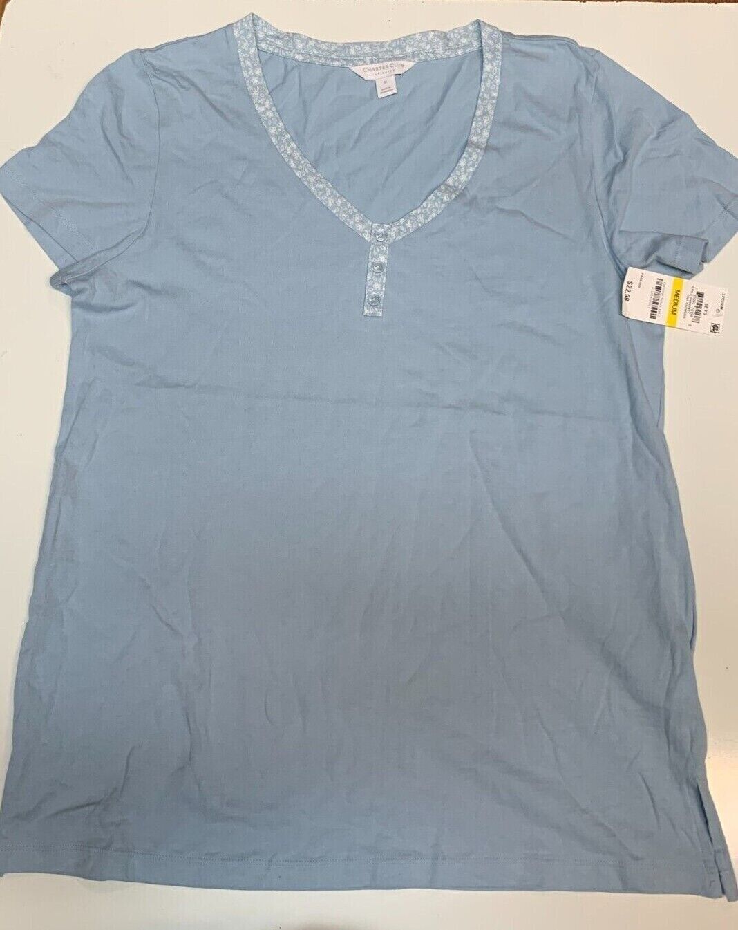 Charter Club Womens Cotton Knit V-Neck Pajama TOP, Blue Tiny Flowers, Medium
